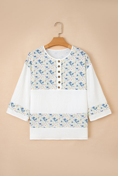 Floral Patchwork Gauze Cotton Henley Button Up Blouse
