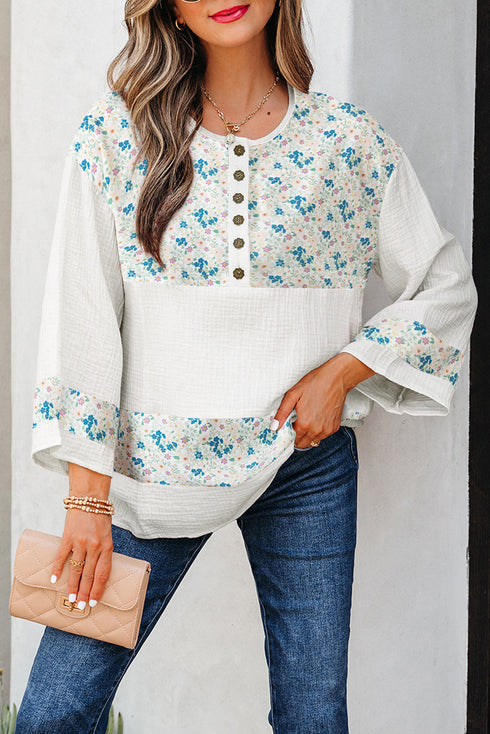 Floral Patchwork Gauze Cotton Henley Button Up Blouse
