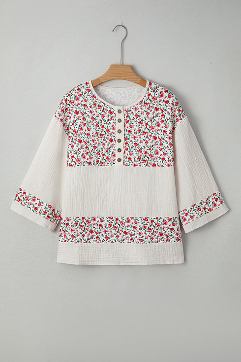 Floral Patchwork Gauze Cotton Henley Button Up Blouse