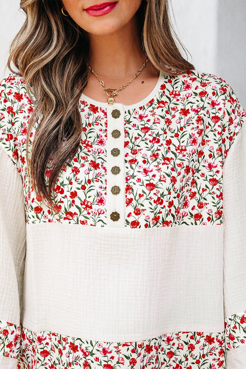 Floral Patchwork Gauze Cotton Henley Button Up Blouse