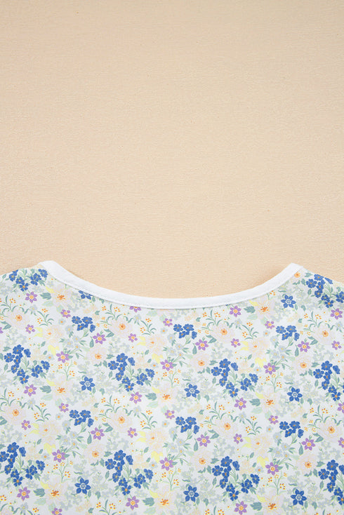Floral Patchwork Gauze Cotton Henley Button Up Blouse