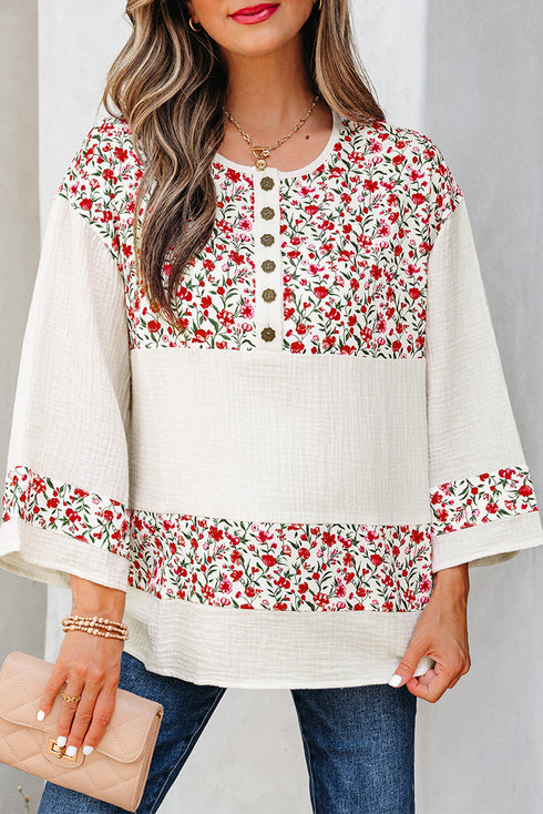 Floral Patchwork Gauze Cotton Henley Button Up Blouse