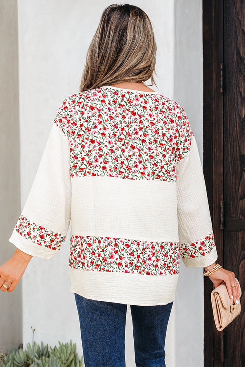 Floral Patchwork Gauze Cotton Henley Button Up Blouse