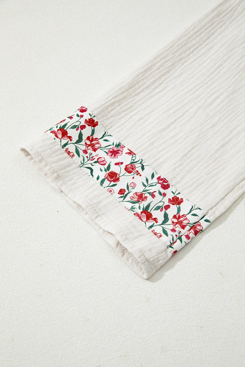 Floral Patchwork Gauze Cotton Henley Button Up Blouse