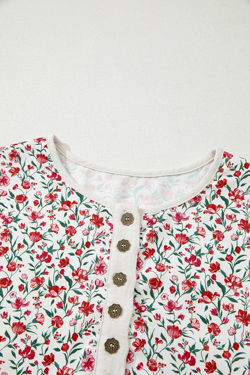 Floral Patchwork Gauze Cotton Henley Button Up Blouse