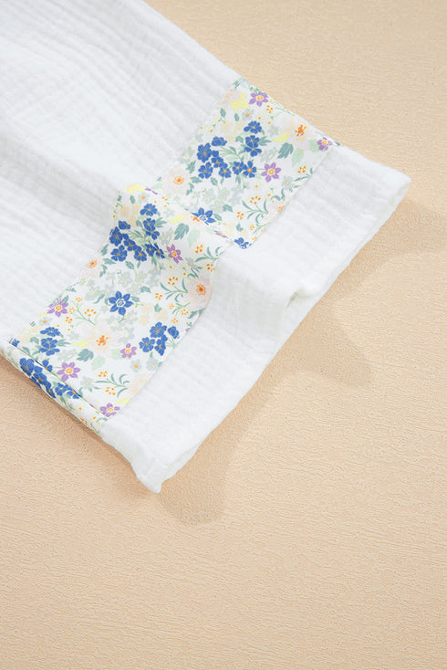 Floral Patchwork Gauze Cotton Henley Button Up Blouse