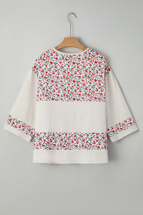 Floral Patchwork Gauze Cotton Henley Button Up Blouse