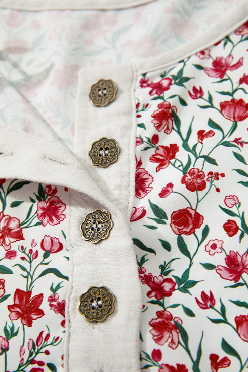Floral Patchwork Gauze Cotton Henley Button Up Blouse