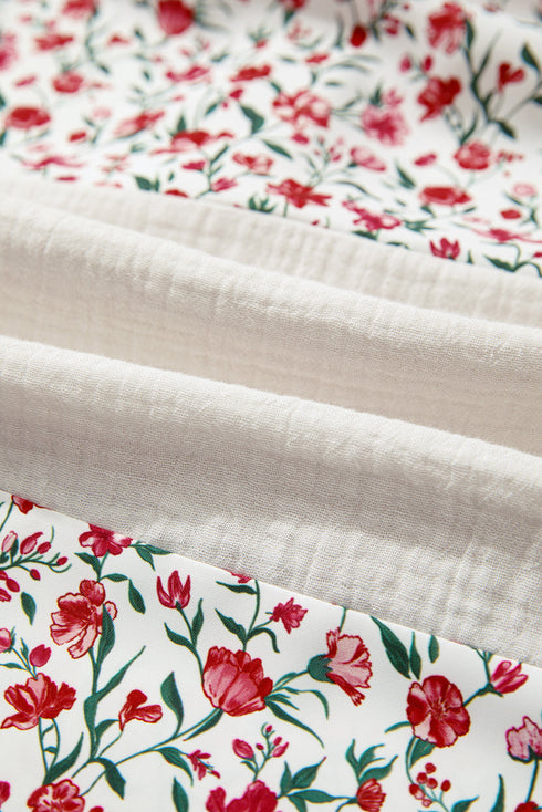 Floral Patchwork Gauze Cotton Henley Button Up Blouse