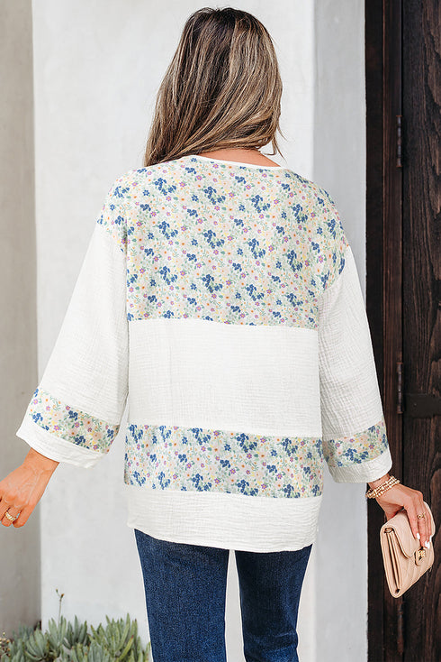 Floral Patchwork Gauze Cotton Henley Button Up Blouse