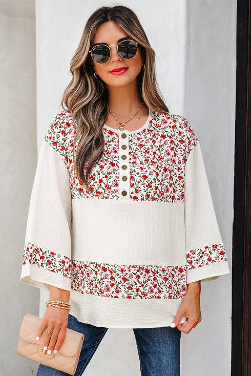 Floral Patchwork Gauze Cotton Henley Button Up Blouse