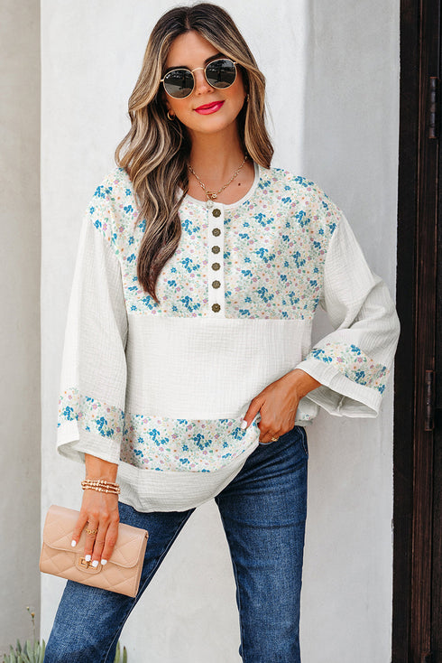 Floral Patchwork Gauze Cotton Henley Button Up Blouse
