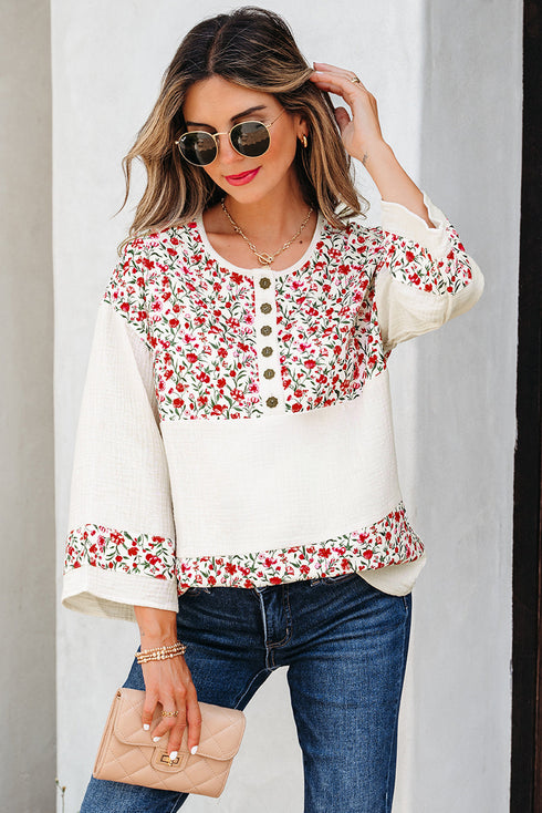 Floral Patchwork Gauze Cotton Henley Button Up Blouse