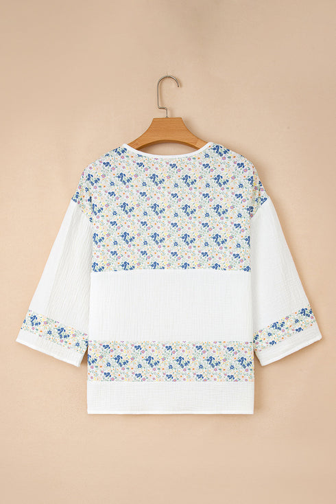 Floral Patchwork Gauze Cotton Henley Button Up Blouse