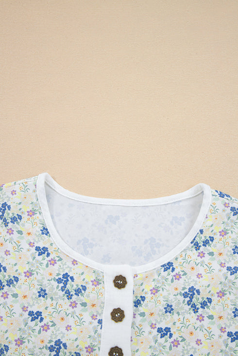 Floral Patchwork Gauze Cotton Henley Button Up Blouse