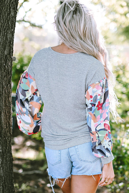 Floral Patchwork Lantern Sleeve Buttoned V Neck Top