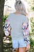 Floral Patchwork Lantern Sleeve Buttoned V Neck Top