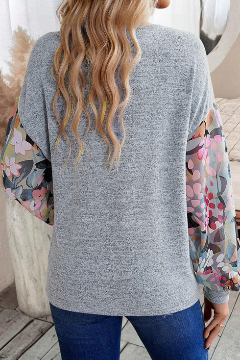 Floral Patchwork Lantern Sleeve Buttoned V Neck Top
