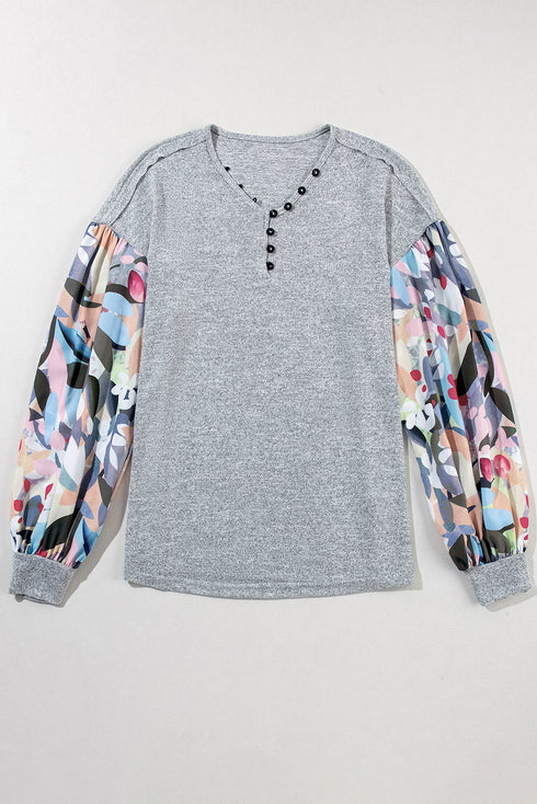 Floral Patchwork Lantern Sleeve Buttoned V Neck Top