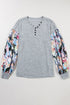 Floral Patchwork Lantern Sleeve Buttoned V Neck Top