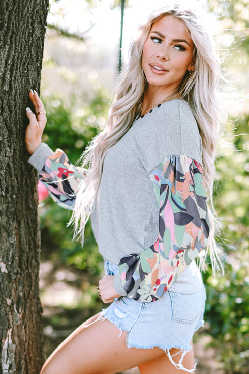 Floral Patchwork Lantern Sleeve Buttoned V Neck Top