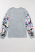 Floral Patchwork Lantern Sleeve Buttoned V Neck Top