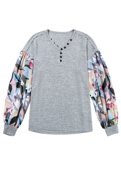 Floral Patchwork Lantern Sleeve Buttoned V Neck Top