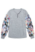 Floral Patchwork Lantern Sleeve Buttoned V Neck Top