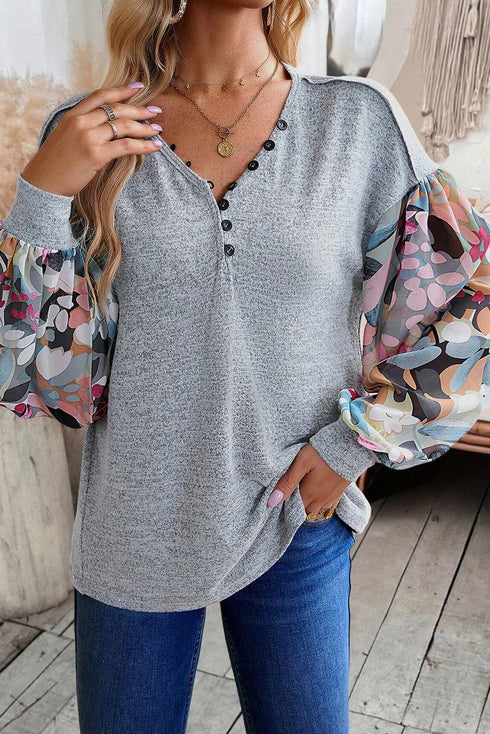 Floral Patchwork Lantern Sleeve Buttoned V Neck Top
