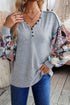 Floral Patchwork Lantern Sleeve Buttoned V Neck Top