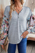 Floral Patchwork Lantern Sleeve Buttoned V Neck Top