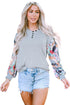 Floral Patchwork Lantern Sleeve Buttoned V Neck Top
