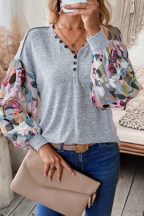 Floral Patchwork Lantern Sleeve Buttoned V Neck Top
