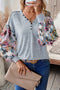 Floral Patchwork Lantern Sleeve Buttoned V Neck Top