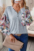Floral Patchwork Lantern Sleeve Buttoned V Neck Top