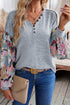 Floral Patchwork Lantern Sleeve Buttoned V Neck Top