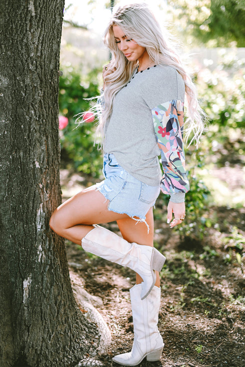 Floral Patchwork Lantern Sleeve Buttoned V Neck Top