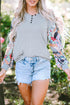 Floral Patchwork Lantern Sleeve Buttoned V Neck Top