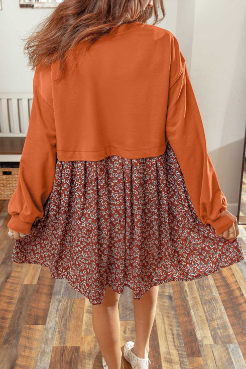 Floral Patchwork Long Sleeve Flared Mini Dress