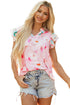 Floral Patchwork Notched Neck Flutter Sleeve Blouse