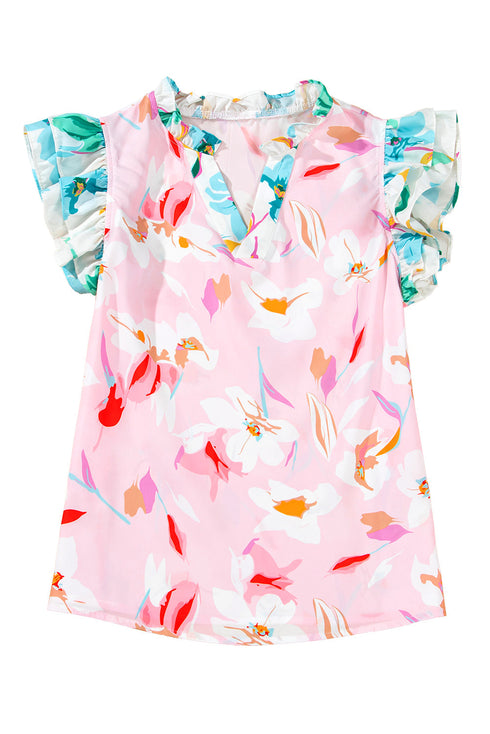 Floral Patchwork Notched Neck Flutter Sleeve Blouse