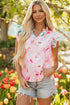 Floral Patchwork Notched Neck Flutter Sleeve Blouse