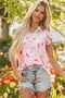 Floral Patchwork Notched Neck Flutter Sleeve Blouse