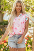 Floral Patchwork Notched Neck Flutter Sleeve Blouse