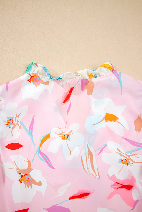Floral Patchwork Notched Neck Flutter Sleeve Blouse