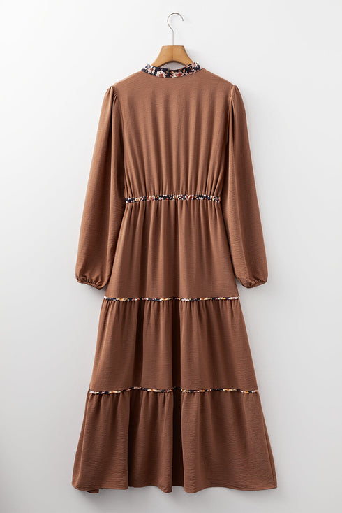 Floral Patchwork Notched Neck Long Sleeve A-Line Maxi Dress