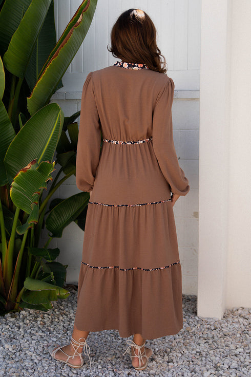 Floral Patchwork Notched Neck Long Sleeve A-Line Maxi Dress