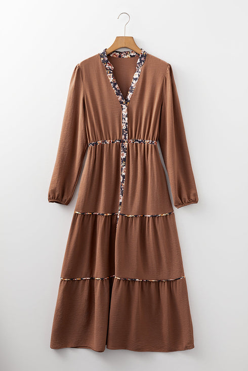 Floral Patchwork Notched Neck Long Sleeve A-Line Maxi Dress