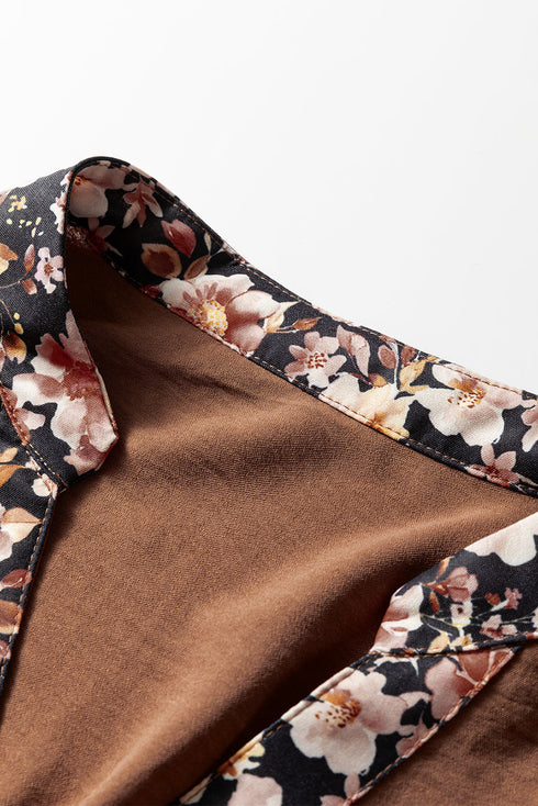 Floral Patchwork Notched Neck Long Sleeve A-Line Maxi Dress