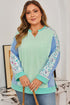 Floral Patchwork Pattern Block Notched Neck Long Sleeve Top